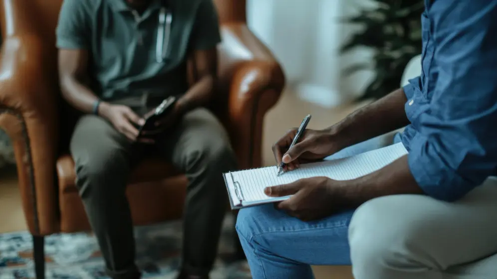 Psychologist providing supportive counseling to an anxious patient calm and reassuring