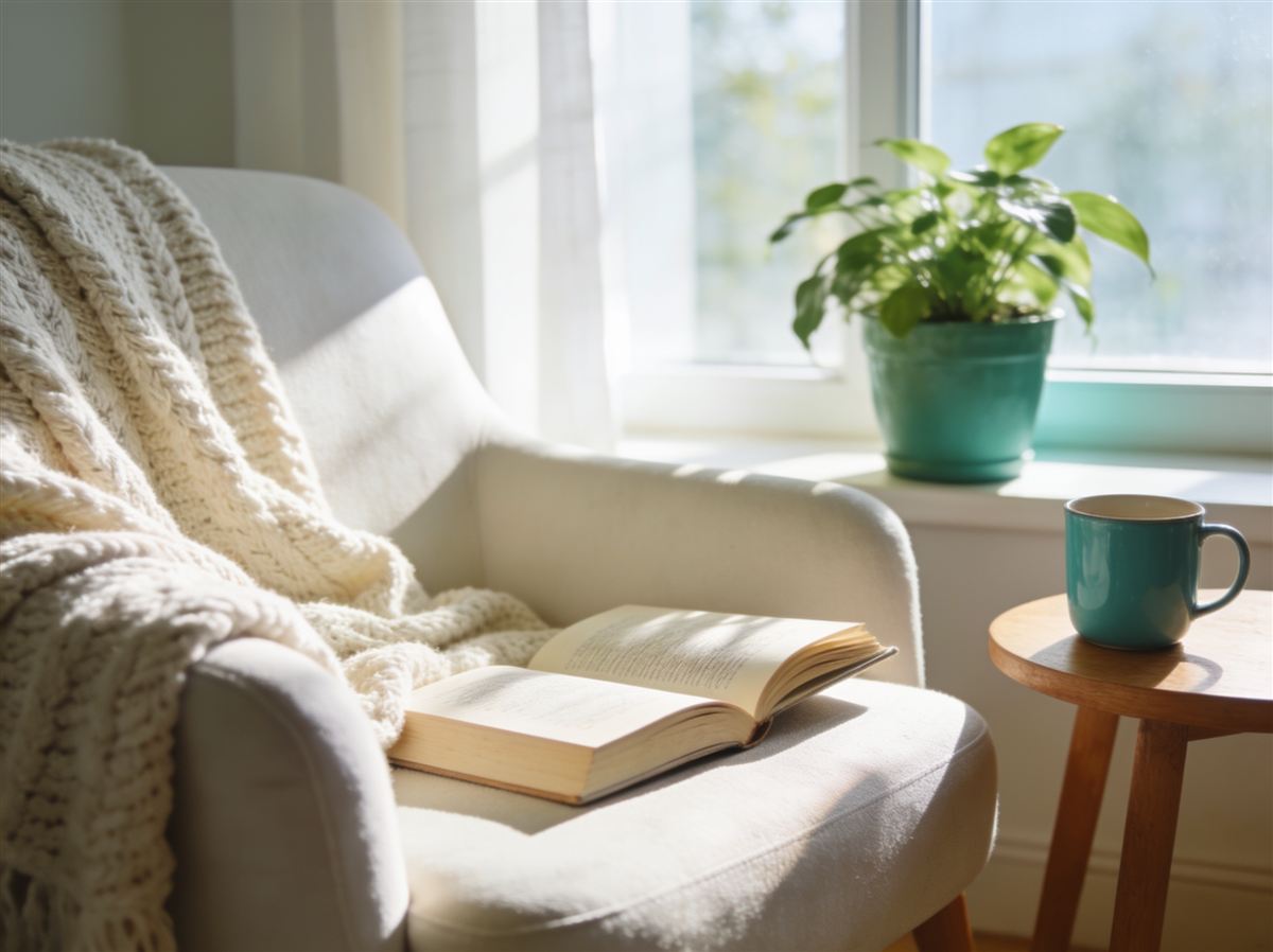 A cozy, sunlit corner with an armchair and warm throw — a calm space for mental wellness