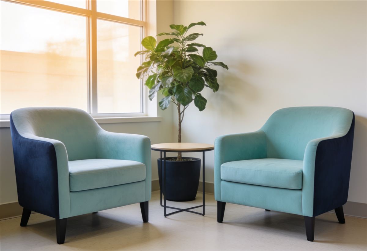 A calm, welcoming psychiatry consultation space with soft seating and natural light
